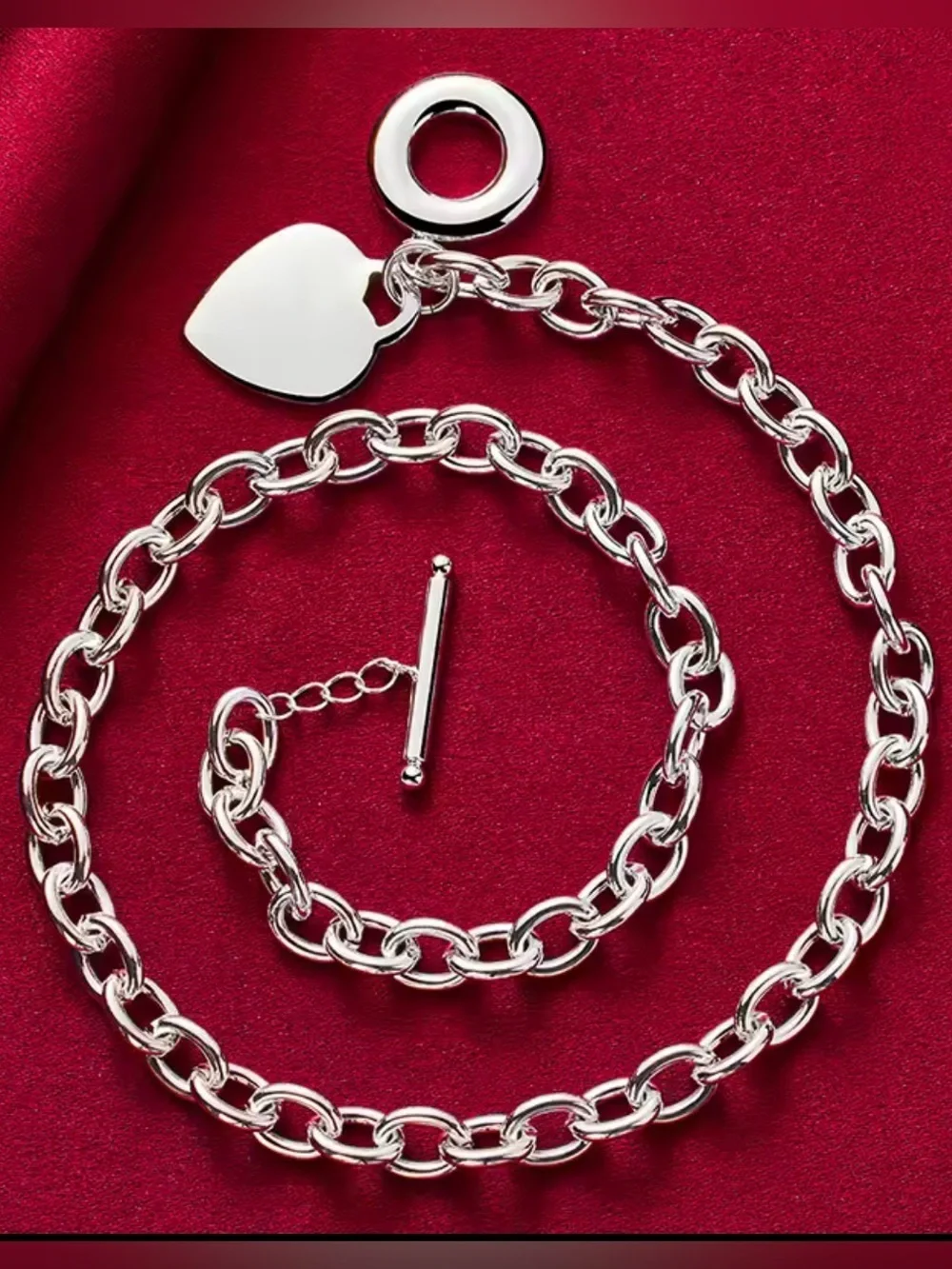 Silver Toggle Chain Necklace - Link Design Heart Charm!
